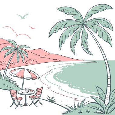 Boş alan ve açık gökyüzü olan yaz plaj manzarasının masa arkası. Yapay zeka üretildi. Vektör simgesi