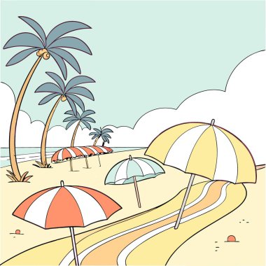 Güneşli bir plaj gününde şemsiyeler açık hava etkinlikleri yaz teması. Yapay zeka üretildi. Vektör simgesi