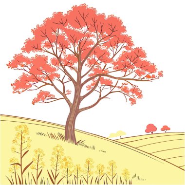 Yapay zekanın ürettiği sonbahar kolza çiçeği tarlasının ortasında kırmızı bir akçaağaç duruyor. Vektör simgesi