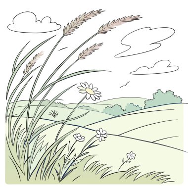 Yumuşak bir kır manzarasında yumuşak çimen çiçeklerinin arasından hafif bir esinti. Yapay zeka üretildi. Vektör simgesi