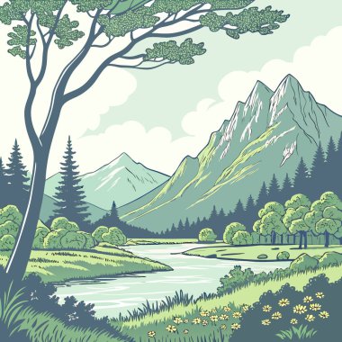 Kamikochi Temmuz ve Ağustos aylarında Japonya 'nın Doğal Manzarası' nda. Yapay zeka üretildi. Vektör simgesi