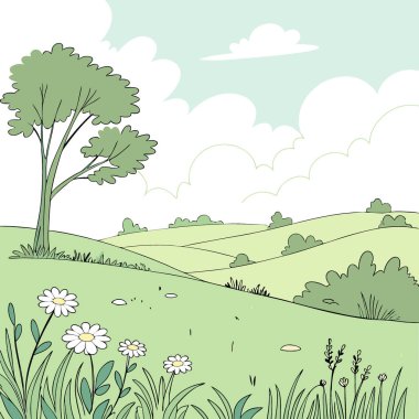 Yeşil tarla ve beyaz bulutlu mavi gökyüzü. Doğa geçmişi. Uzayı kopyala, yapay zeka üretildi. Vektör simgesi