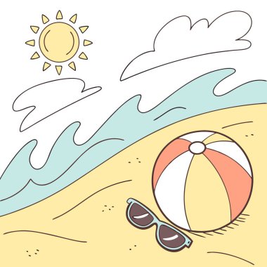 Kumsalda güneşli kumda renkli bir top ve güneş gözlüğü ile rahatlatıcı bir gün. Yapay zeka üretildi. Vektör simgesi