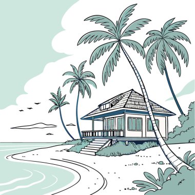 Serene Tropikal Bungalov. Sahil cenneti bizi bekliyor. Huzura doğru kaçın. Yapay zeka üretildi. Vektör simgesi