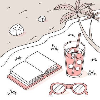 Top view içki kitabı güneş gözlüğü yaz tatilinin yanında. Yapay zeka üretildi. Vektör simgesi