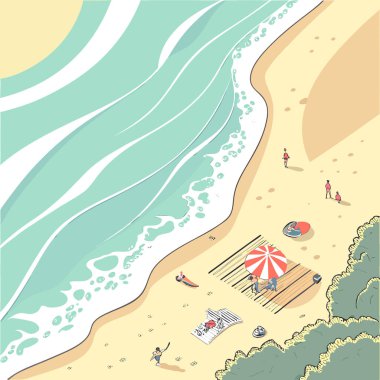 Altın kumda sıcak güneş ışınları. Turkuaz okyanus dalgaları. Ağustos 'ta. Haziran. Güneş banyosu. Yapay zeka üretildi. Vektör simgesi