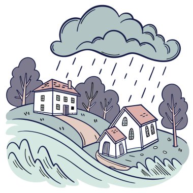 Dağlardan gelen ani su baskınları dünyanın ısınmasına neden olur. Yapay zeka üretildi. Vektör simgesi