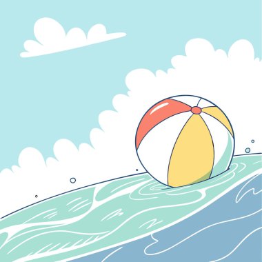 Güneşli bir yaz gününde berrak sularda yüzen renkli plaj topu. Yapay zeka üretildi. Vektör simgesi