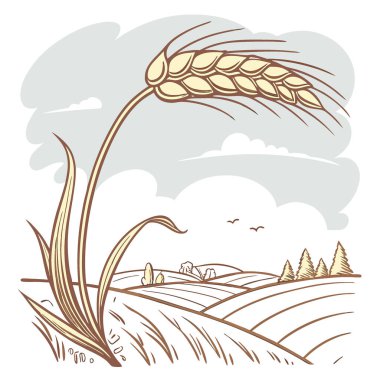 Mavi Gök 'e Karşı Altın Buğday Sapı Bulutlu Kırsal Huzurlu Doğa Sahnesi. Yapay zeka üretildi. Vektör simgesi