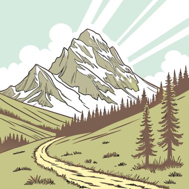 Güneşli bir günde Borah Peak Idaho 'nun en yüksek dağına giden yürüyüş yolu. Yapay zeka üretildi. Vektör simgesi