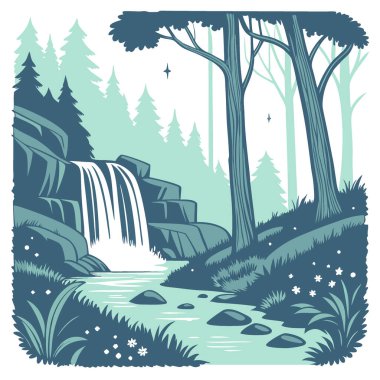 Şelale Şelaleleri ve Biyolojik Işıklı Sihirli Gece Ormanı Sahnesi. Yapay zeka üretildi. Vektör simgesi