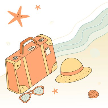 Turuncu valiz yaz tatili temel gereksinimleri deniz yıldızı şapkası deniz kabukları. Yapay zeka üretildi. Vektör simgesi