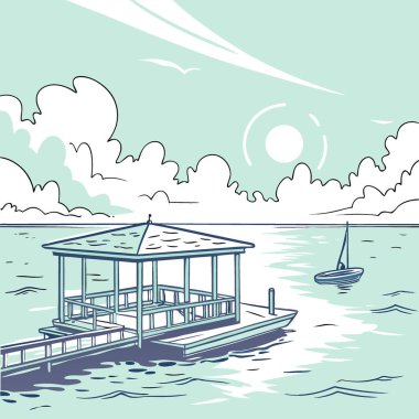 Serene Aqua Platformu Parlak Güneşli Gökyüzünün Altında Sakin Okyanus Yüzeyi 'nde Yüzüyor. Yapay zeka üretildi. Vektör simgesi