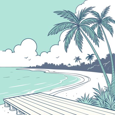 Mavi gökyüzünün altında kristal berrak su ve ahşap güverte ile tropik sahil manzarası. Yapay zeka üretildi. Vektör simgesi