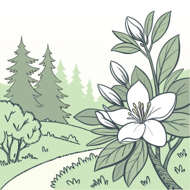 Arka planda çam ağaçları olan yeşil bir bahçede canlı bir gardenya çiçeği. Yapay zeka üretildi. Vektör simgesi