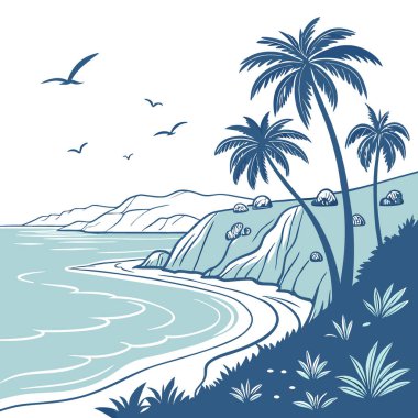 Arka planda palmiye ağaçları olan güzel mavi bir okyanus. Görüntü. Yapay zeka üretildi. Vektör simgesi