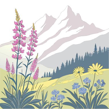 Vahşi çiçeklerle dolu bir yaz patlaması. canlı renkler. ve dağ manzaraları... yapay zeka üretti. Vektör simgesi