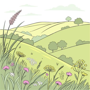 Yazın güney yamaçlarında, ön planda kır çiçeklerinin açtığı bir manzara. Yapay zeka üretildi. Vektör simgesi