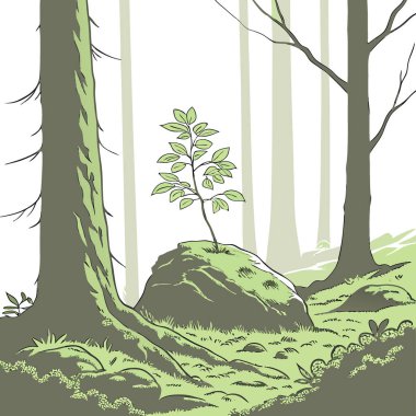 Yoğun bir ormanın ortasında yosunlu bir taşın üzerinde büyüyen küçük yeşil bir fidan. Yapay zeka üretildi. Vektör simgesi