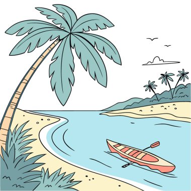 Tropik sıcak yaz mevsiminde kayak teknesi ve deniz plajının reklam afişi. Yapay zeka üretildi. Vektör simgesi