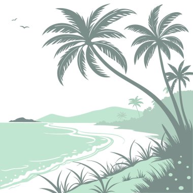 Bulanık tropikal plaj arka planı, palmiye ağaçları ve bokeh ışıkları. Yaz yapay zeka üretildi. Vektör simgesi