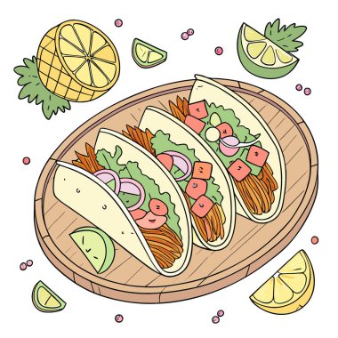 Köy taco gününde tahta tabağa yerleştirilmiş tacos al pastor seti. Yapay zeka üretildi. Vektör simgesi