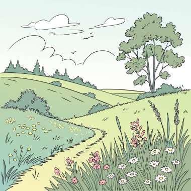 Slovakya 'daki sakin yaz çayırı berrak mavi gökyüzünün altında kır çiçekleriyle dolu. Yapay zeka üretildi. Vektör simgesi