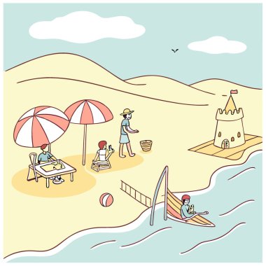 Kumsalda güneşli bir gün. Dalgalar açık mavi gökyüzüyle geliyor. Yaz tatili. Yapay zeka üretildi. Vektör simgesi