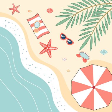 Deniz yıldızlı canlı bir yaz plajı sahnesinin en üst görüntüsü. Deniz kabukları. Güneş gözlüğü. Yapay zeka üretildi. Vektör simgesi