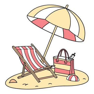 Plaj sandalyesi ve şemsiyesi şeffaf arka planlı tatil sahnesi. Yapay zeka üretildi. Vektör simgesi