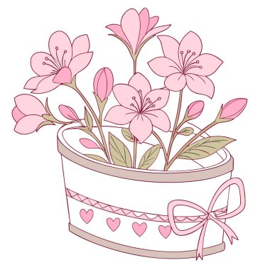 Sevgililer Günü ve Kutlamalar için Pembe Çiçekli Kalp Şekilli Saksı. Yapay zeka üretildi. Vektör simgesi