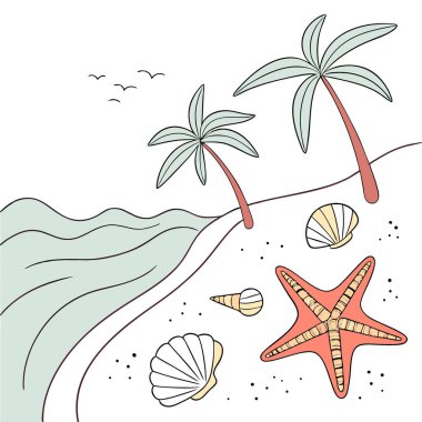 Yaz tatili temalı kumsalda deniz kabukları ve deniz yıldızları. Yapay zeka üretildi. Vektör simgesi