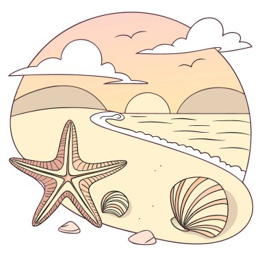 Yaz boyunca gün batımında kumlu sahilde dinlenen deniz yıldızları ve deniz kabukları. Yapay zeka üretildi. Vektör simgesi