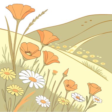 Sarı ve turuncu çiçekli tarla çiçekleri portakal gelincikleri ve sarı papatyalar. Yapay zeka üretildi. Vektör simgesi