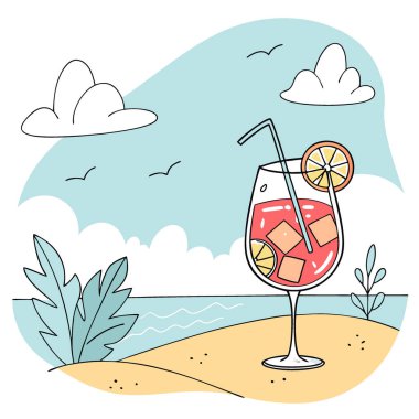 Deniz kenarındaki parlak yaz arkaplanının arka planında kokteylli cam. Yapay zeka üretildi. Vektör simgesi