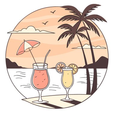 Yaz kokteylleri günbatımında lüks tropikal plaj tatil beldesinde egzotik yaz içkileri. Yapay zeka üretildi. Vektör simgesi