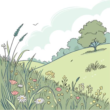 Güzel güneşli bir günde kır çiçekleri ve otlarla dolu doğal yaz çayırları. Yapay zeka üretildi. Vektör simgesi