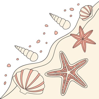 Yaz tatili temalı bej arka planda deniz kabukları ve deniz yıldızları. Yapay zeka üretildi. Vektör simgesi