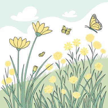 Sunny Meadow Yaban Çiçekleri Kelebekleri Çiçek açan doğa. Yapay zeka üretildi. Vektör simgesi