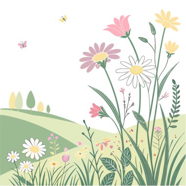 Renkli papatyalar ve sıcacık güneş ışığı altında kır çiçekleriyle dolu canlı bir bahar çayırı. Yapay zeka üretildi. Vektör simgesi