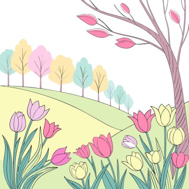 Canlı Lale Manzarası. Bir Bahar Çiçeği Sahnesi Tam Açan Paskalyayı Kutluyor. Yapay zeka üretildi. Vektör simgesi