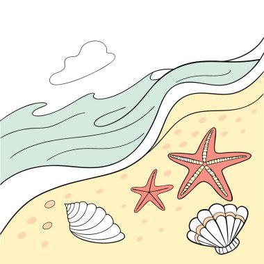 Yaklaşan dalgalarla kumlu bir sahilde deniz yıldızı ve deniz kabuğu manzarası. Yapay zeka üretildi. Vektör simgesi