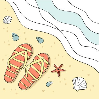 Deniz kabukları ve yumuşak okyanus dalgalarıyla kumlu sahilde dinlenen renkli terlikler. Yapay zeka üretildi. Vektör simgesi