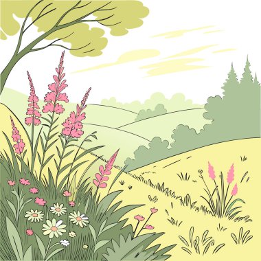 Letonya yaz ortası çayırları kır çiçekleriyle parıldıyor. Renkli bitkiler yetiştiriyor. Yapay zeka üretildi. Vektör simgesi