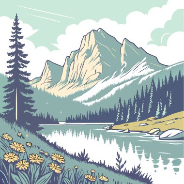 Bear Gölü ve Longs Tepesi. Rocky Mountain Ulusal Parkı 'nda yapay zeka tarafından oluşturulan sakin bir yaz sabahı. Vektör simgesi