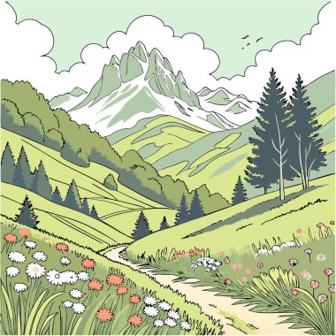 Yaz mevsiminde çiçek açan çayırları olan Alpler 'deki ideal dağ manzarası. Yapay zeka üretildi. Vektör simgesi