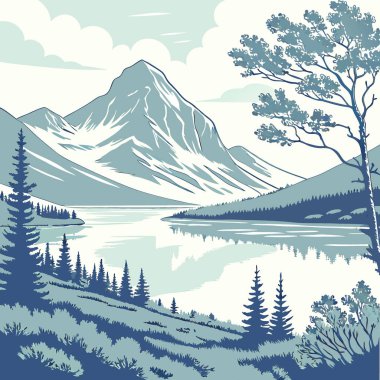 Kuzey Arktik İsveç 'te, Kebnekaise üzerinde manzaralı dağlarda bir göl Temmuz ayında. Yapay zeka üretildi. Vektör simgesi