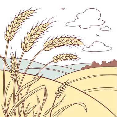 Yapay zekanın oluşturduğu açık bir yaz gökyüzünün altında sıcak güneş ışığında yıkanmış buğday saplarının güzel bir manzarası. Vektör simgesi