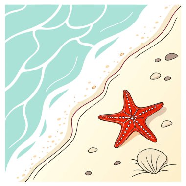 Turkuaz Suyla Sandy Sahili 'nde çarpıcı yaz tatili afişi kırmızı denizyıldızı. Yapay zeka üretildi. Vektör simgesi