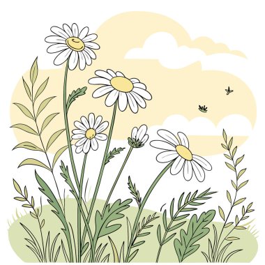 Yaz mevsiminde papatya çiçekleri doğal arka planda yetişir. Yapay zeka üretildi. Vektör simgesi